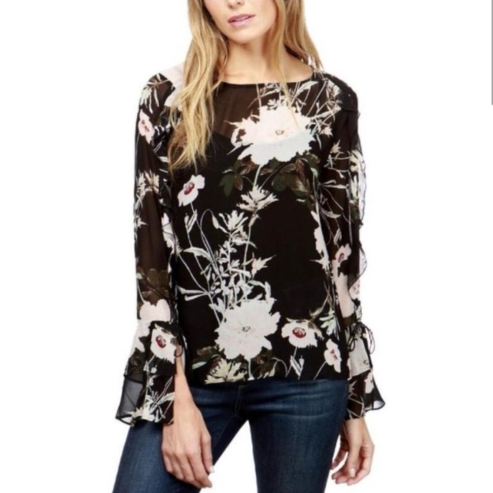 Lucky Brand Black Floral Floral long Sleeve Blouse Top Medium